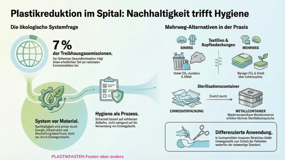 Wie Spitäler Plastik reduzieren, ohne Hygiene zu gefährden: Studien, Schweizer Beispiele und was wir daraus für den Alltag lernen können.